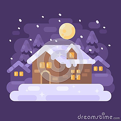 Snowy purple winter village landscape with a house Vector Illustration