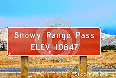 Snowy Range Pass Altitude Sign Wyoming Stock Photo