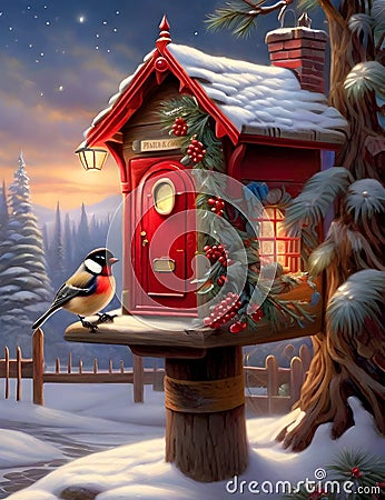 A snowy red american mailbox in a dreamy winter village, a robin sit on it, pinecones Stock Photo