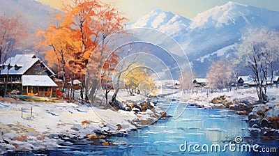 Snowy River Painting: Orange And Azure Landscape Artwork Stock Photo