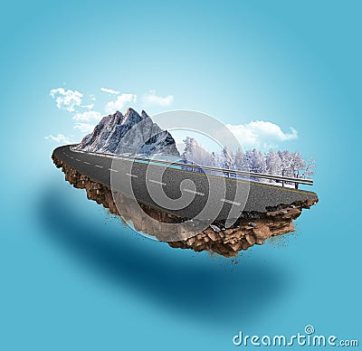 3d illustration of snowy road advertisement. snow road with mountains isolated. Travel and vacation background. Stock Photo