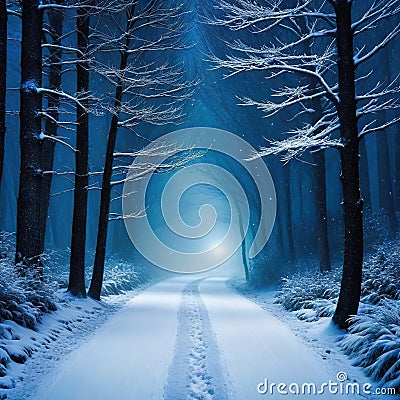 A snowy road in the middle of a forest at Cartoon Illustration