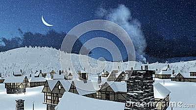 Snowy roofs of rustic houses at winter night Cartoon Illustration