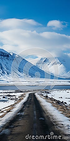 Snow-covered Road Near Mountains: Detailed Marine Views And Serene Mood Stock Photo