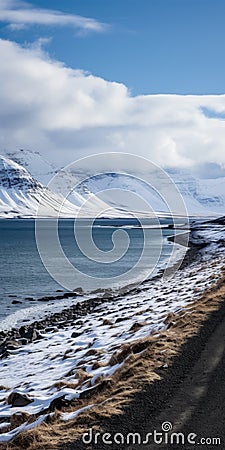 Scenic Gravel Road By The Sea: Capturing The Beauty Of Snowy Mountains Stock Photo