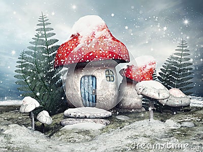 Fairy cottage on a winter meadow Stock Photo