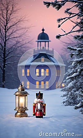 A Snowy Scene With A Nutcracker And Lantern, In The Soft Glow Of Twiligh. Generative AI Stock Photo