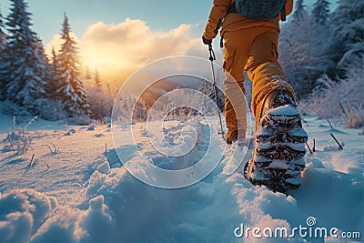 Snowy serenity Exploring natures beauty with snowshoes in a winter wonderland Stock Photo