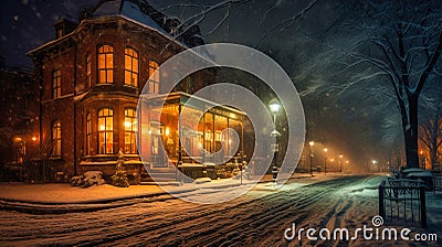 Snowy Serenity: A Victorian Building in a Silent Cityscape.Generative AI Stock Photo