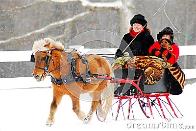 Snowy Sleigh Ride for three Editorial Stock Photo