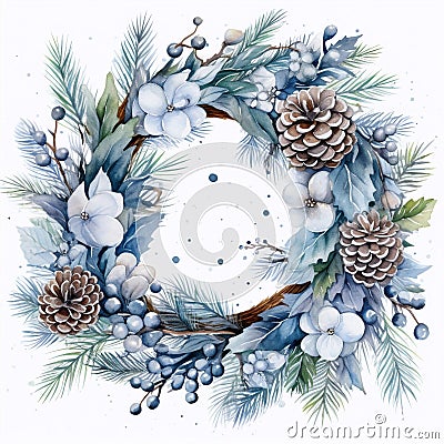 Snowy Splendor: A Frosted Pinecone and Silver Bauble Wreath for Winter Stock Photo