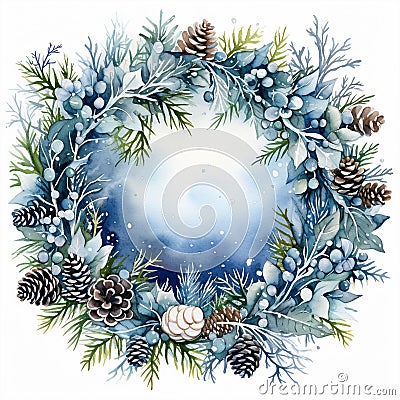 Snowy Splendor: A Frosted Pinecone and Silver Bauble Wreath for Winter Stock Photo