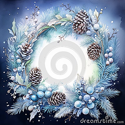 Snowy Splendor: A Frosted Pinecone and Silver Bauble Wreath for Winter Stock Photo