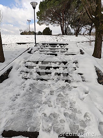 snowy stairs winter Stock Photo