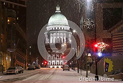 Snowy storm in a city background. Weather alert concept Stock Photo