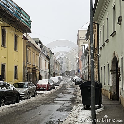 Snowy street of Bratislava in Slovakia Editorial Stock Photo