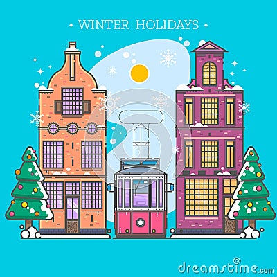 Snowy street. Urban winter landscape. Christmas card Happy Holidays banner in modern flat linear style Vector Illustration