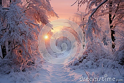 Snowy sunrise forest awakens to dawn first light, sunrise and sunset wallpaper Stock Photo