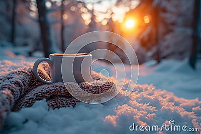 Snowy sunrise rituals Cozy blankets, hot drinks, and winter warmth Stock Photo
