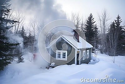 a snowy tiny home with smoke coming out of chimney Stock Photo