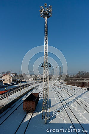 Snowy train station. Stock Photo