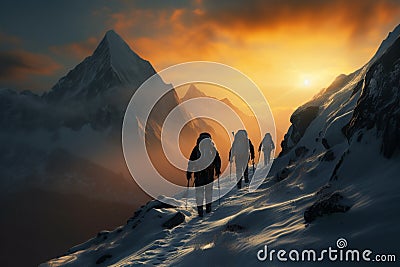 Snowy trek Hikers with backpacks traverse snowy mountains at sunset Stock Photo