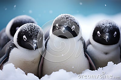 Snowy unity penguins display black and white beauty, huddling for warmth Stock Photo