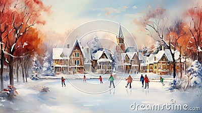 Snowy vintage Christmas village, a winter landscape capturing holiday charm. Ideal for Christmas cards. Generative AI Stock Photo