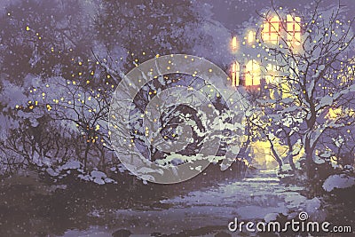 Snowy winter alley in the park with christmas lights Cartoon Illustration