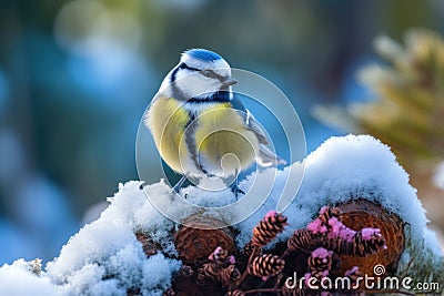 Snowy Winter with Cute Songbird - Blue Tit in Forest Stock Photo