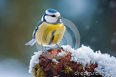Snowy Winter with Cute Songbird - Blue Tit in Forest Stock Photo