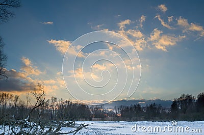 Snowy Winter Danube Backwater Landscape after Sunset Stock Photo