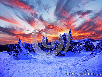 Snowy winter landscape in the mountains Stock Photo