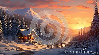 A snowy winter landscape with a quaint wooden cabin nestled Stock Photo