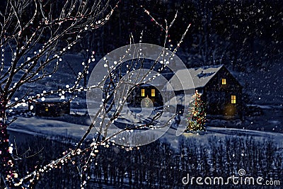Snowy Winter Scene Of A Cabin In Distance Royalty Free Stock Photo ...
