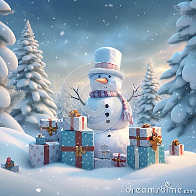 Snowy Winter Scene with Snowman, Gifts, and Trees, Stock Photo