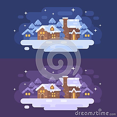 Snowy winter village landscape flat illustration. Christmas card Vector Illustration