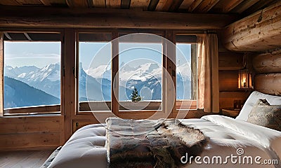 snug bedroom in a rustic chalet Stock Photo