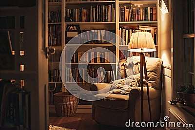 Snug reading space with an overstuffed armchair, lamp light, and shelves of books in a serene setting Stock Photo