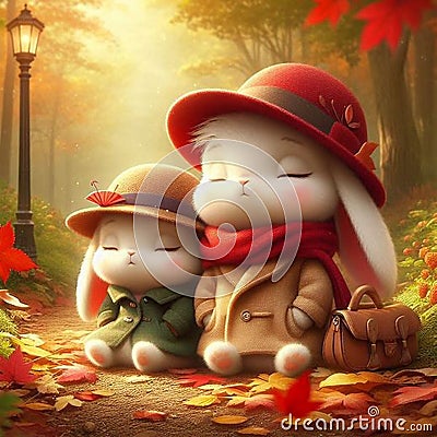 Snug in style: whimsical bunnies enjoy autumn dreams in pixar-esque garden paradise Stock Photo