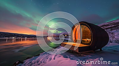 Snuggle up in a warm comfortable pod and watch as the colorful lights of the Aurora Borealis illuminate the night sky Stock Photo