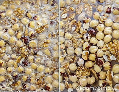 Soaking nuts. Girl shows dirty seeds. Chemical processing of food. Digestive problems are caused by intolerance peanuts, allergies Stock Photo