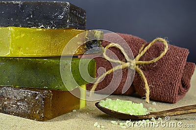 Soap bars with green scented salt Stock Photo