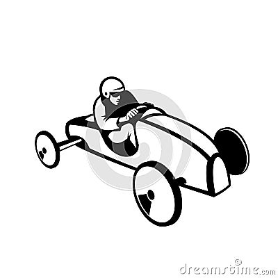 Soap Box Derby or Soapbox Car Racer Racing Retro Black and White Vector Illustration