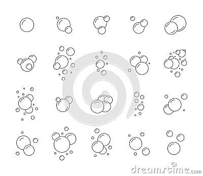 Soap bubble icons, line shampoo foam. Oxygen sign, soda symbol, water in shower, air fizzy balls, sea fizz and bath gel Vector Illustration