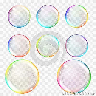 Soap bubble. Set of multicolored transparent bubbles with glares Vector Illustration