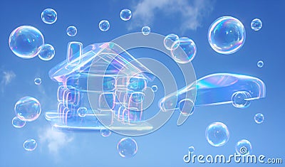 Soap bubbles against a blue sky - 3D illustration Cartoon Illustration