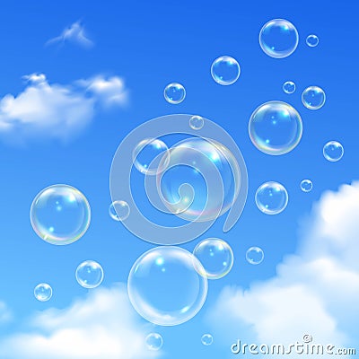 Soap Bubbles Blue Sky Realistic Background Vector Illustration