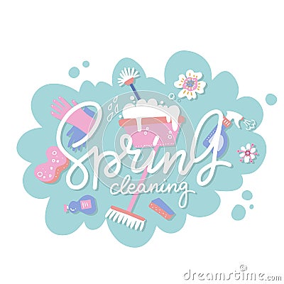 Soap bubbles frame isolated on white background, flat hand drawn cartoon style. Spring cleaning concept with home Vector Illustration