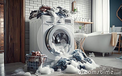 Soap coming out from broken washing machine. Broken laundry washer with foam Stock Photo